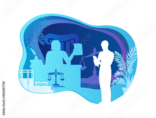 Judge makes a court decision.  Law and justice concept. Layered parallax design element. Paper cut vector illustration.
