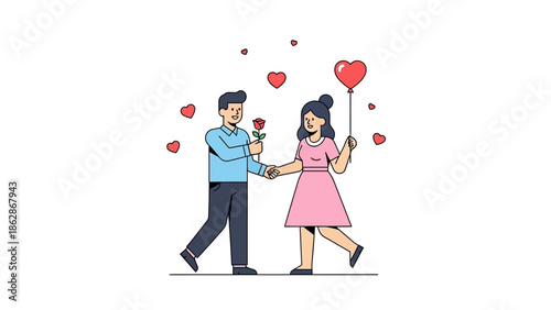 Romantic couple exchanging gifts on Valentine's Day in cartoon style