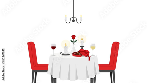 Romantic dinner table setup with red chairs and candles