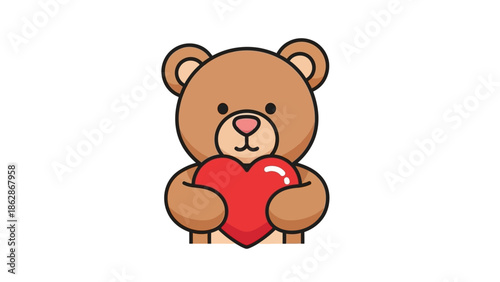 Cute teddy bear holding a red heart in cartoon style