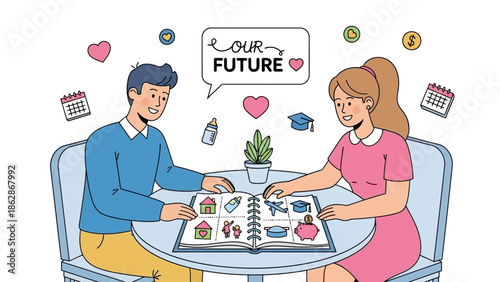 Couple Planning Future Together with Illustrated Vision Board