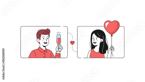 Illustration of a Couple Video Calling with Romantic Elements