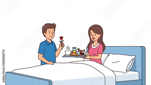 Couple Enjoying Breakfast in Bed with Romantic Gesture