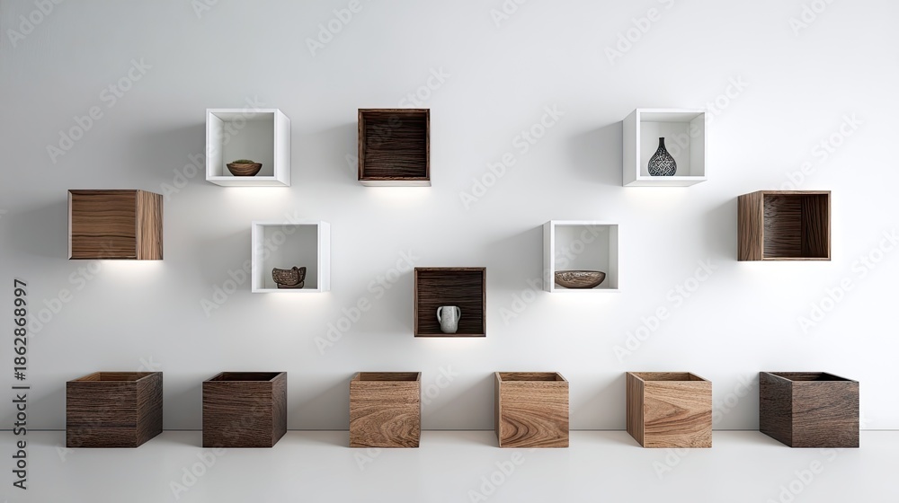 Obraz premium Modern wall mounted shelves with decorative objects against white background