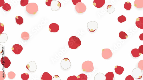 Scattered Red and Pink Rose Petals on White Background