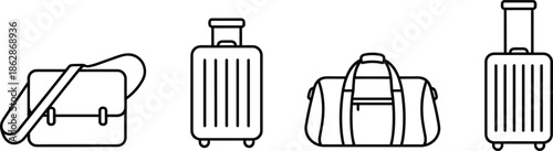 Outline Vector Icon Set Featuring Various Travel Bags Including Satchels Rolling Suitcases and Duffel Bags for Travel Logistics