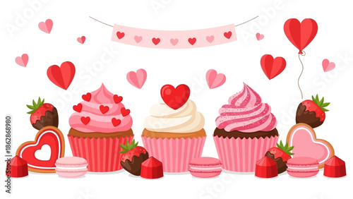 Valentine's Day themed cupcakes and chocolates with heart decorations