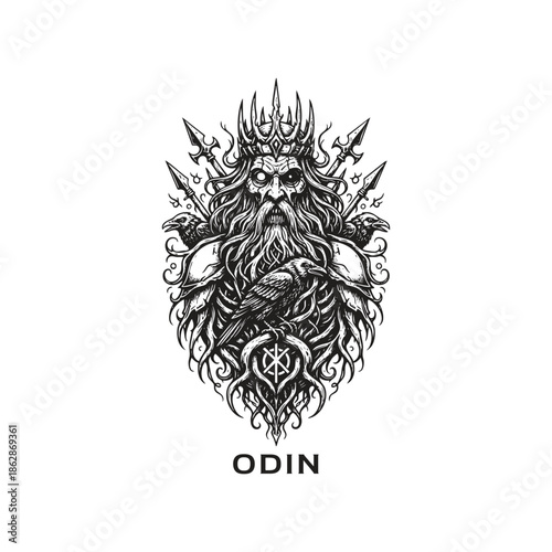 Odin norse god mythology character with ravens and spears illustration in vintage woodcut engraving style.