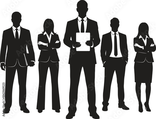 Business professionals standing in formal attire confidently