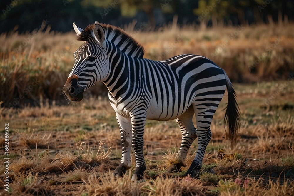 Obraz premium Cute baby zebra standing on dry grassland in natural habitat, showcasing its distinctive black and white stripes and playful demeanor in a peaceful outdoor setting