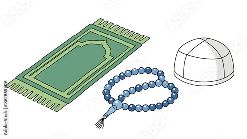 Islamic Prayer Items Vector Illustration: Peci, Prayer Mat, and Tasbih