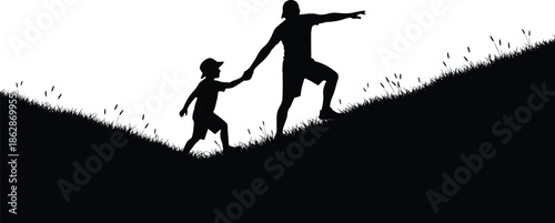 Silhouette, figures, walking, uphill, grassy, slope, guidance, support, companionship, parent, child, hand, nature, black, white, mentorship, family, bond, blades, plants, interaction
