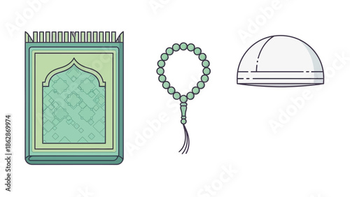 Islamic Prayer Items Vector Illustration: Peci, Prayer Mat, and Tasbih