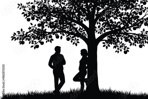 Silhouettes under tree, people interaction, fruit tree scene, peaceful nature illustration, rural lifestyle, contemplation art, outdoor connection design