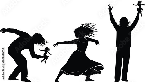 Silhouettes with puppets, control manipulation theme, artistic influence concept, dynamic poses illustration, autonomy metaphor, expressive design