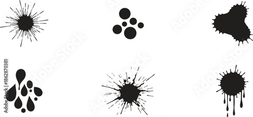 Bold black ink splatters and drops on white background