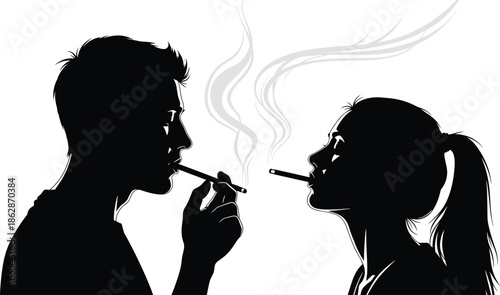 Smoking silhouettes, two people facing, cigarette smoke art, social behavior illustration, health awareness concept, stylized design, interaction scene