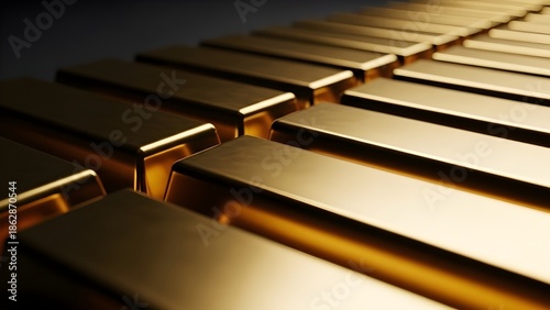 Close-up of Shiny Gold Bars in a Row with Dramatic Lighting