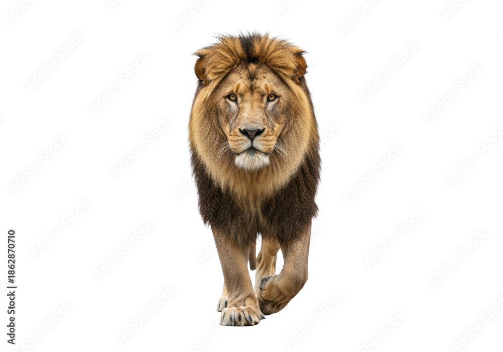 Obraz premium An adult male african lion with a multi-toned mane, powerful physique, standing confidently in mid-stride on a transparent background, direct gaze, concept of wild strength and isolation