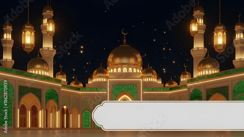 Illuminated Mosque Courtyard at Night with Lanterns and Starry Sky