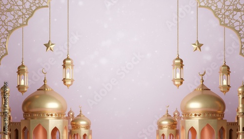 Elegant Islamic architecture with golden domes and lanterns on pastel background