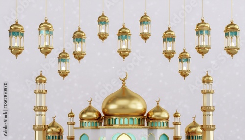 Golden mosque with hanging lanterns on a festive background