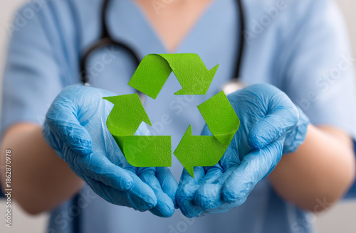 A medical professional wearing blue gloves holding a vibrant green recycling symbol made of plastic, emphasizing environmental sustainability in healthcare