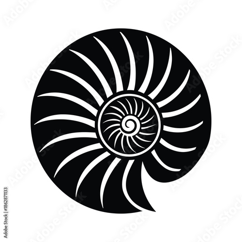 Nautilus shell black silhouette vector, Beach and Underwater ocean theme icon, Marine life silhouette vector.