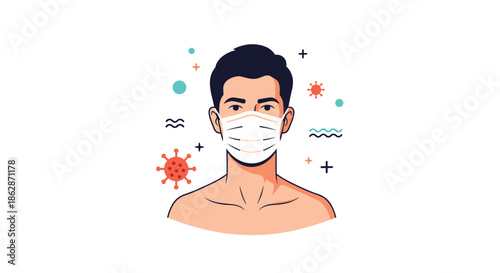 Portrait of a young man wearing a protective white surgical face mask surrounded by red and teal virus particles during a global pandemic.