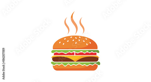 Delicious colorful cheeseburger with fresh lettuce and tomatoes topped with steam to show it is hot and ready for a meal in a flat vector style.