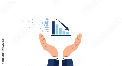 Two hands protectively cupping a bar graph that shows a downward trend with a large arrow pointing down signifying concern for falling profits.
