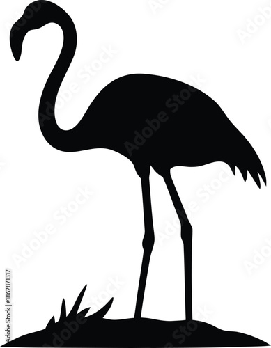 Majestic Black Silhouette of a Graceful Flamingo Bird Standing Poised on a Small Grassy Patch
