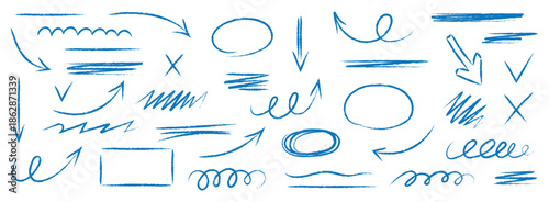 Various arrows, ellipses, punctuation marks, direction pointers, speech bubbles. Elements scribble line brush hand drawn sketch design. Grunge abstract line chalk, crayon pencil style. Vector