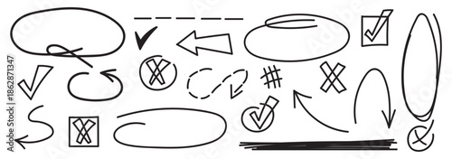 Various arrows, ellipses, punctuation marks, direction pointers, speech bubbles. Elements scribble line brush hand drawn sketch design. Grunge abstract line chalk, crayon pencil style. Vector