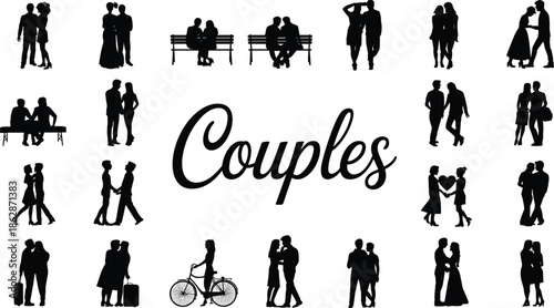 Romantic couple silhouettes in various poses and activities, ideal for love, relationship, and Valentine’s design illustration projects.