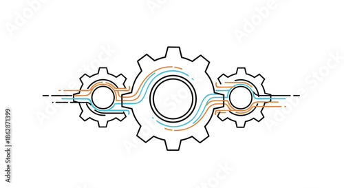 Three interlocking gears with smooth flowing lines in blue and orange passing through them symbolizing a synchronized business process system.