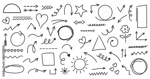 Decorative doodles sketch scribble hand drawn handmade pencil pen marker set vector graphic design illustration art for business infographic journal set pointing arrow speech bubble line outline shape