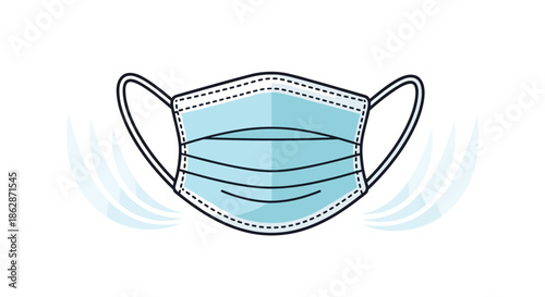 Detailed illustration of a blue surgical face mask with air movement lines around it to show breathability and protection for public health.