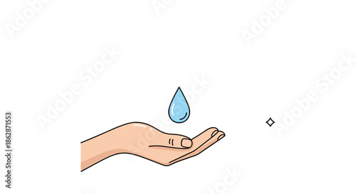 Hand reaching out to catch a single light blue water drop in a simple minimalist illustration to highlight the need for water conservation.
