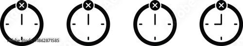Solid Black Vector Icon Set Featuring Minimalist Clock Faces with Prohibitive X Marks for Scheduled Security Access Restrictions