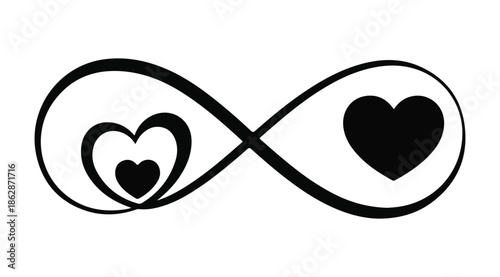 Black and white infinity symbol vector with three hearts representing eternal love family relationship togetherness and partnership