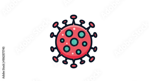 Detailed cartoon illustration of a coronavirus cell with a red body teal spots and dark red spikes to represent the virus and disease.