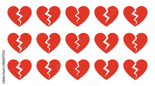 Group of red broken hearts on white background love loss sadness broken heart symbol graphic element vector