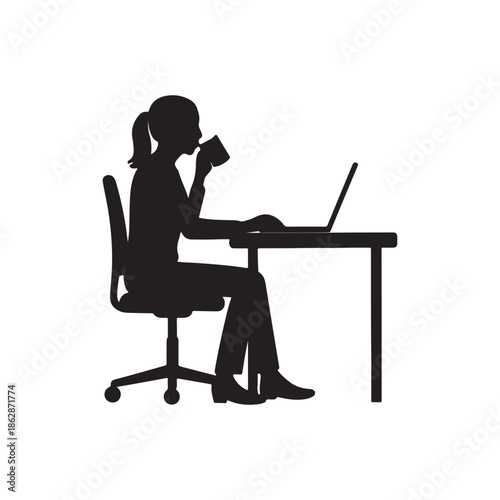 Adobe ISilhouette of a woman drinking coffee while working diligently on her laptopllustrator Artwork