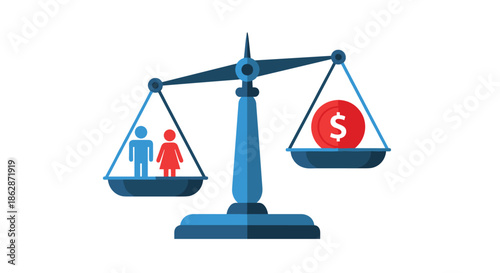 Justice scale balancing a group of people against a dollar coin shows the importance of human value over monetary wealth.