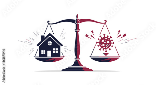Illustration of a scale weighing a house against a virus particle represents the concept of staying home for safety during a pandemic.