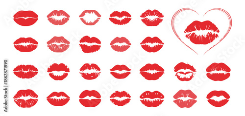 Diverse set of twenty-four red lipstick kiss marks different lip shapes textures and styles isolated on white vector