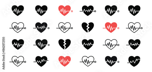 Collection of black and white heart icons with EKG pulse line variations for health monitoring