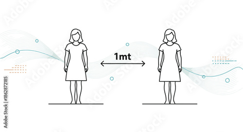 Two women practicing social distancing stand one meter apart with a double sided arrow indicating the safe gap between them.