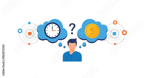 Person thinking about the trade off between time and money is shown with a clock and a dollar coin in thought bubbles.